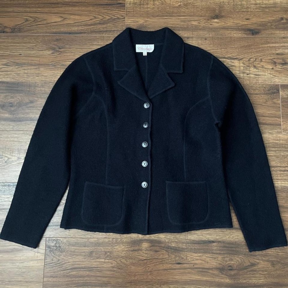 Vintage Blue Wool Button Front Jacket Minimal Tailored Coat Women M Old Money